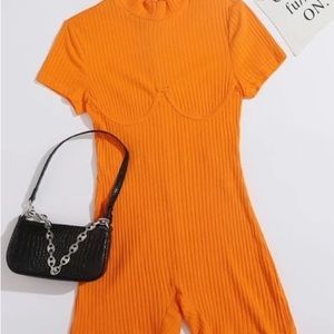 Orange Ribbed Romper with Underwire